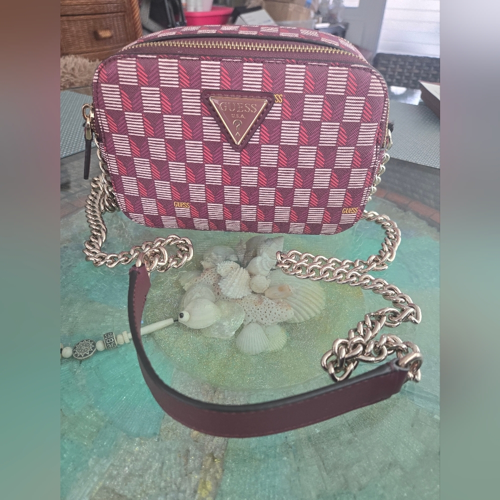 GUESS Red and White Checkered Crossbody Bag